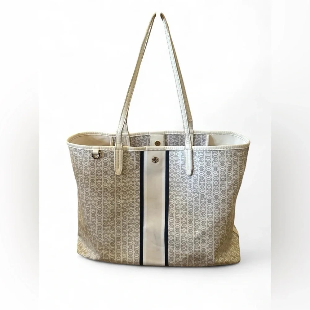 Tory Burch Gemini Link Coated Canvas Tote – White/Ivory & Gray Stripe